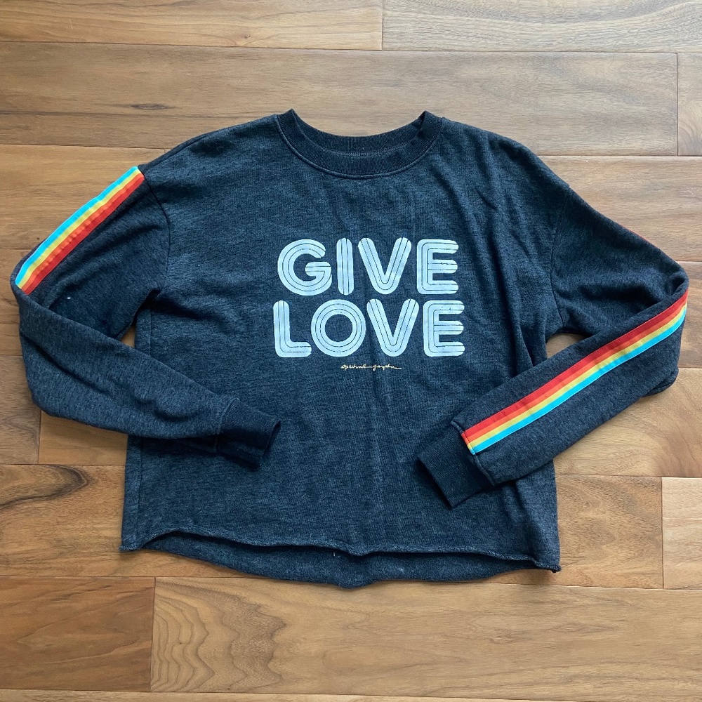 Spiritual Gangster GIVE LOVE Rainbow Cropped Terry Sweatshirt NWOT Size Medium